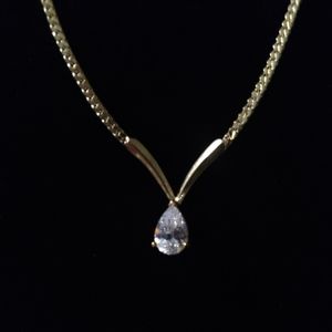 Gold Coloured Necklace, Wheat Pattern Chain with Cubic Zirconia Stone, 1…